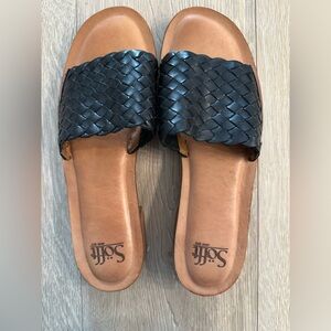 Söfft Black genuine leather Woven Sandals w small heel like new